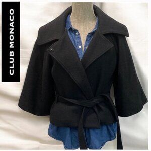 Club Monaco Black Wool Pea Coat Belted Cape Style Jacket Size Medium